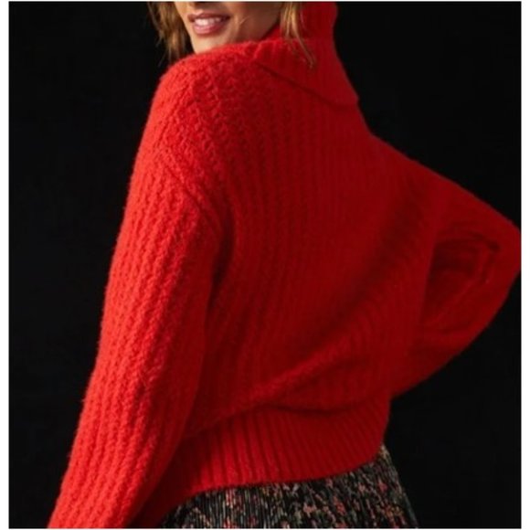 Worn Once - Anthropologie Maeve red Cowl Neck Pullover Chunky Sweater - - Picture 4 of 6